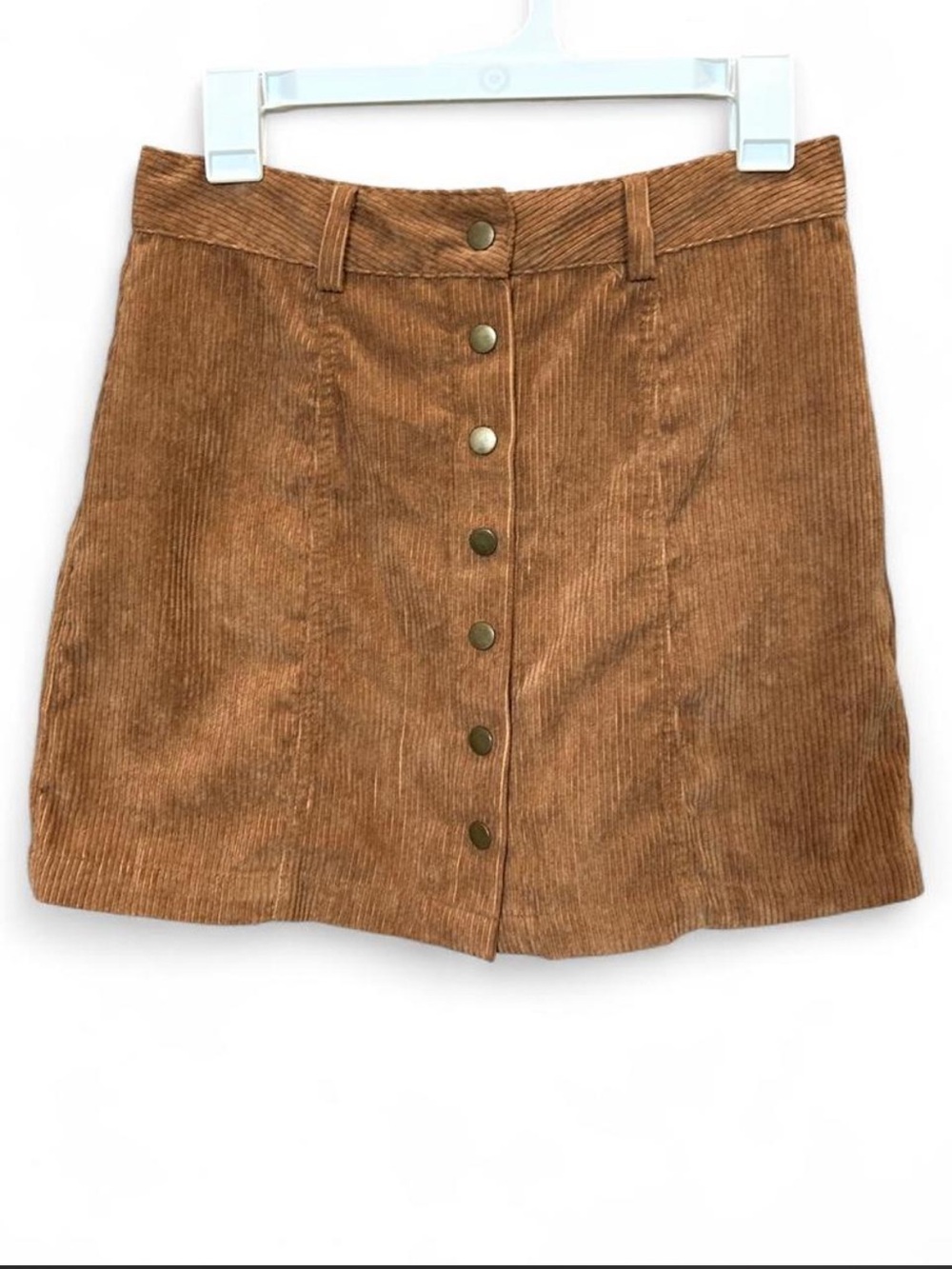 Button-Front Corduroy Mini Skirt in Camel Brown